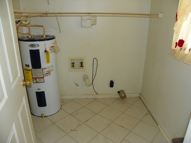 laundry room with hookup for an electric dryer, laundry area, washer hookup, baseboards, and water heater