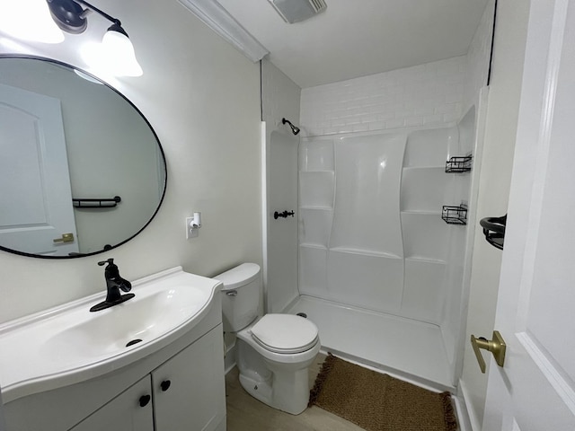 full bath with toilet, visible vents, a shower, and vanity