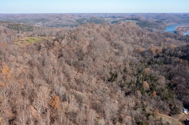 birds eye view of property featuring a water view and a wooded view