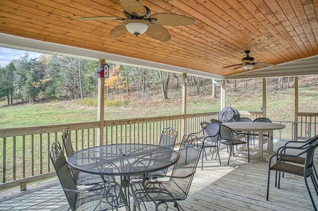 sunroom / solarium featuring wooden ceiling and ceiling fan