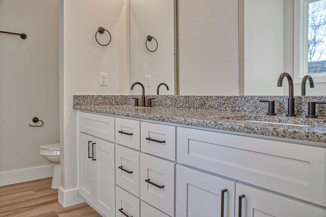 bathroom with double vanity, wood finished floors, a sink, and toilet