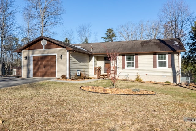 ranch-style house with aphalt driveway, crawl space, a front lawn, and a garage