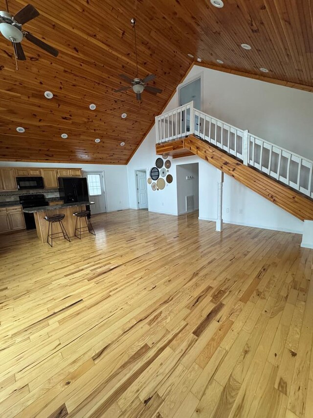 unfurnished living room featuring light wood-type flooring, wooden ceiling, ceiling fan, and high vaulted ceiling