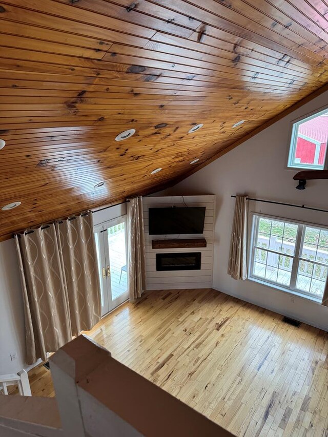 bonus room with plenty of natural light, light wood-type flooring, a fireplace, and lofted ceiling