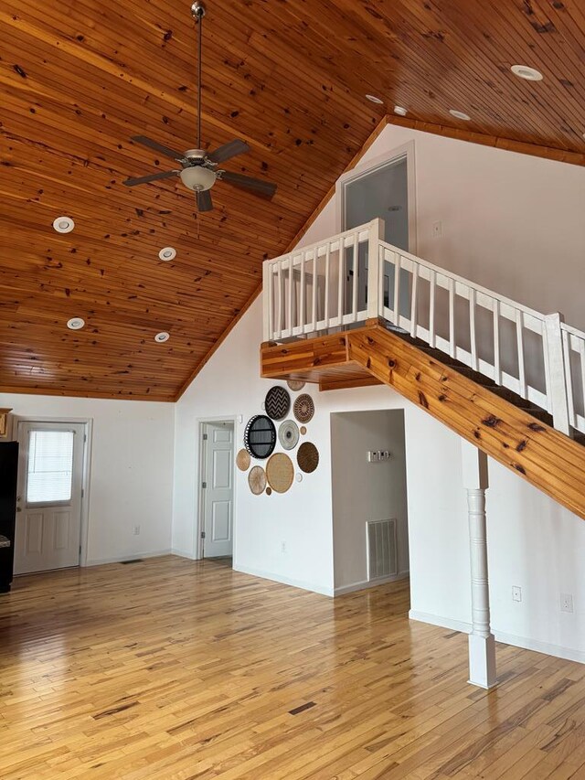 unfurnished living room featuring light wood finished floors, visible vents, a ceiling fan, wood ceiling, and high vaulted ceiling