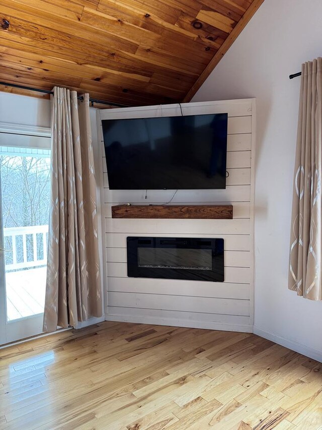 interior details featuring wood finished floors and a glass covered fireplace