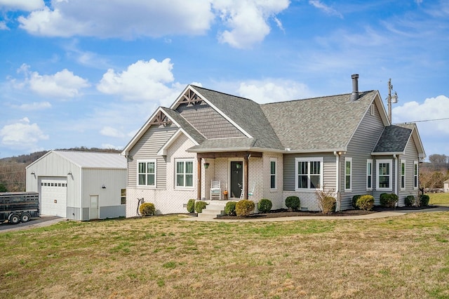 view of front of home featuring a garage, brick siding, a front lawn, and a shingled roof