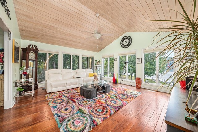 living room featuring ceiling fan, high vaulted ceiling, wood finished floors, and wood ceiling