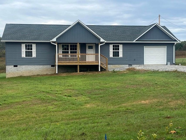 single story home with a garage, crawl space, roof with shingles, and a front lawn