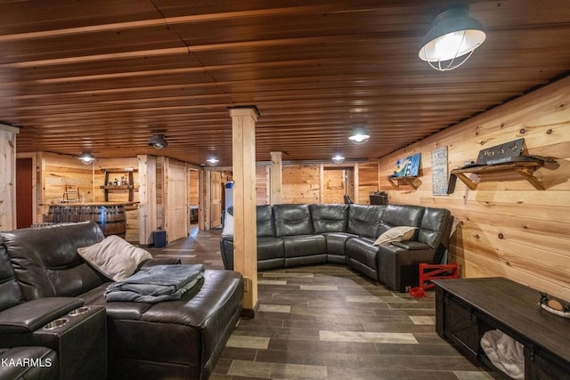 living room featuring wood ceiling, wooden walls, and dark wood-style flooring