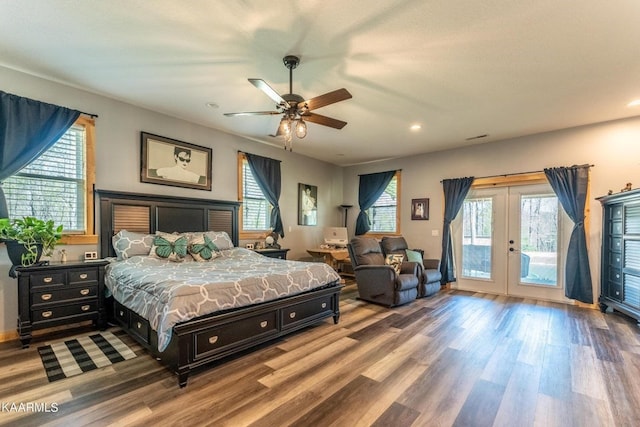 bedroom featuring ceiling fan, recessed lighting, wood finished floors, access to exterior, and french doors