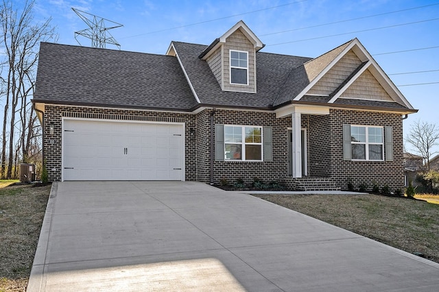 view of front of property with a garage, driveway, brick siding, and roof with shingles