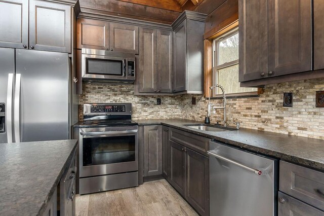 kitchen featuring tasteful backsplash, dark countertops, appliances with stainless steel finishes, a sink, and dark brown cabinets