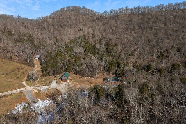 bird's eye view featuring a wooded view