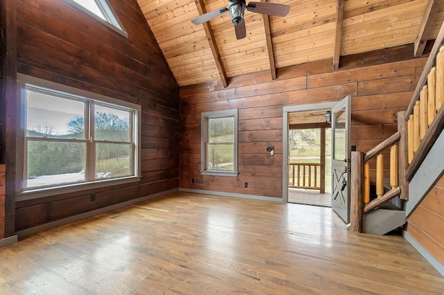 spare room featuring lofted ceiling with beams, wooden ceiling, light wood-style flooring, wood walls, and stairway