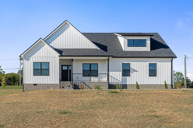 modern farmhouse style home featuring board and batten siding, crawl space, covered porch, and roof with shingles