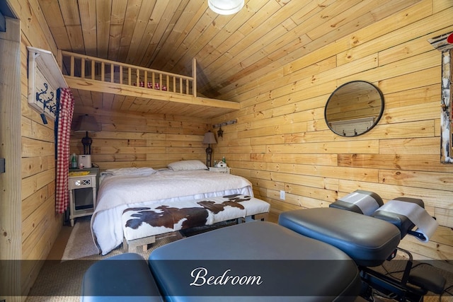 bedroom with lofted ceiling, wood ceiling, and wooden walls