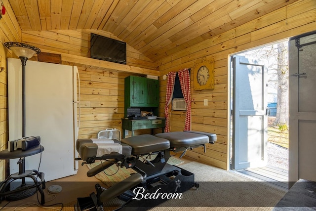 workout area with lofted ceiling, wood ceiling, cooling unit, and wooden walls