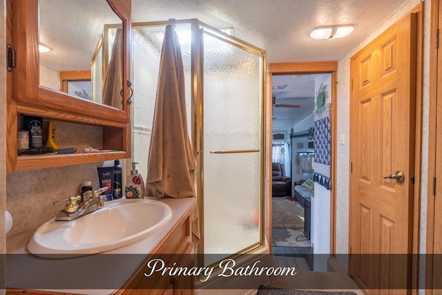 bathroom featuring a textured ceiling, a shower stall, and vanity