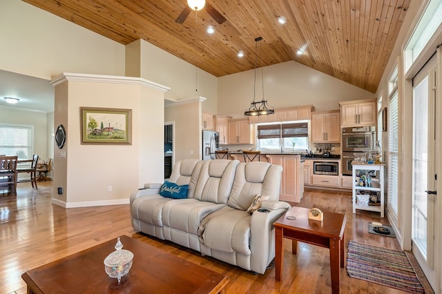 living room featuring light wood-style flooring, wooden ceiling, high vaulted ceiling, and a ceiling fan