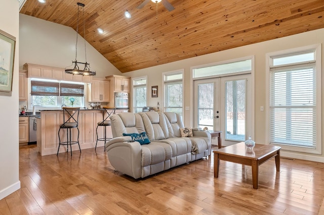 living area featuring high vaulted ceiling, light wood-style flooring, recessed lighting, wood ceiling, and french doors