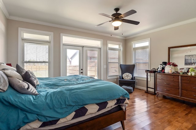 bedroom with a ceiling fan, wood finished floors, ornamental molding, french doors, and access to outside