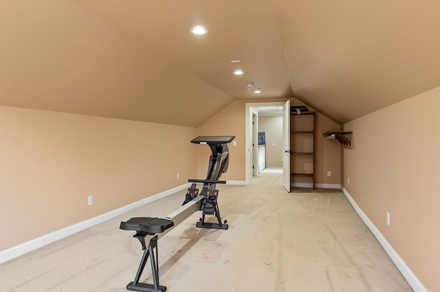 exercise area with recessed lighting, baseboards, light colored carpet, and lofted ceiling