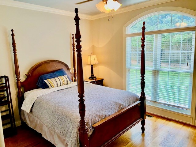 bedroom featuring ceiling fan, ornamental molding, multiple windows, and wood finished floors