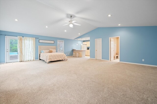 unfurnished bedroom featuring access to exterior, freestanding refrigerator, light colored carpet, and lofted ceiling