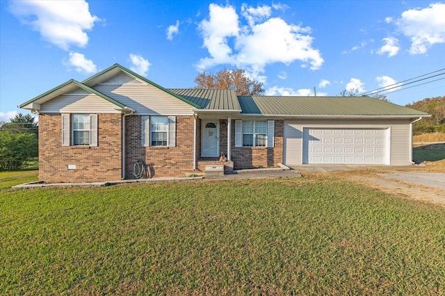 ranch-style home with dirt driveway, a front lawn, brick siding, and a garage