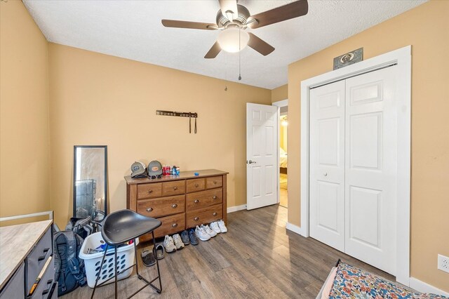 interior space featuring a textured ceiling, ceiling fan, dark wood finished floors, and baseboards