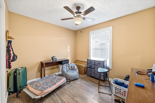 office space with baseboards, ceiling fan, a textured ceiling, and light wood finished floors