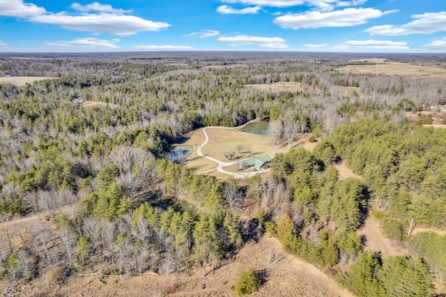 birds eye view of property featuring a water view and a wooded view