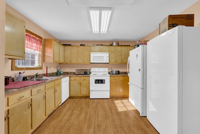 kitchen featuring light wood-type flooring, white appliances, light countertops, and light brown cabinets