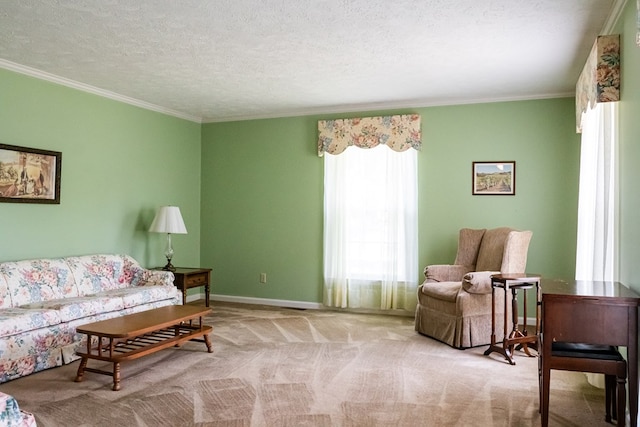 living area featuring a textured ceiling, crown molding, and light colored carpet