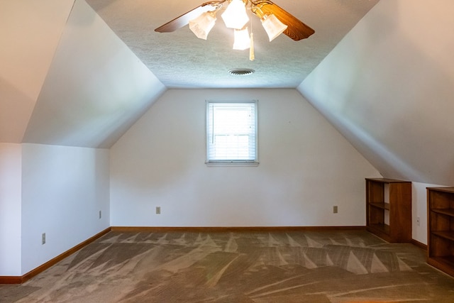 additional living space with a textured ceiling, carpet floors, lofted ceiling, and baseboards