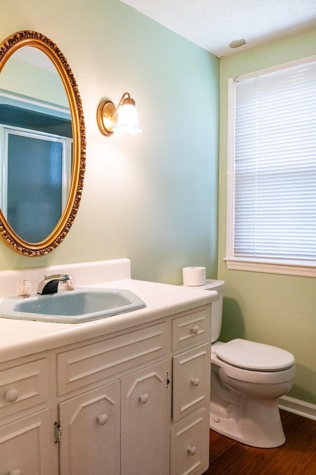 bathroom with toilet, wood finished floors, and vanity