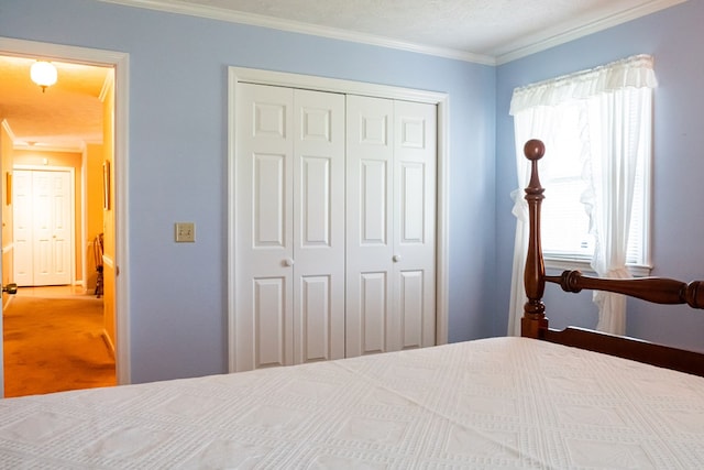 bedroom with a textured ceiling, multiple windows, a closet, and crown molding