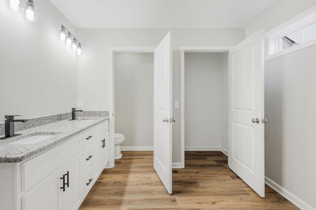 bathroom featuring wood finished floors, a sink, toilet, and double vanity