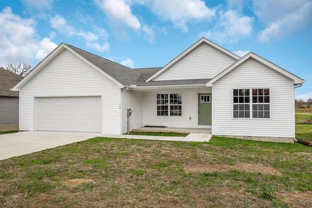 single story home featuring an attached garage, roof with shingles, concrete driveway, and a front yard