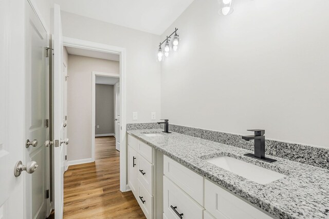 bathroom with wood finished floors, a sink, baseboards, and double vanity