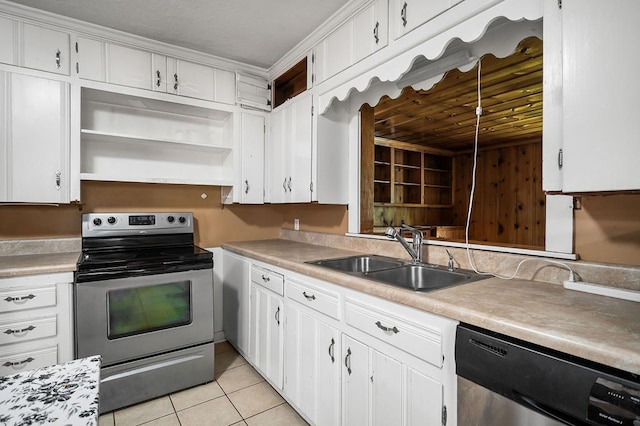 kitchen with white cabinets, appliances with stainless steel finishes, open shelves, and a sink