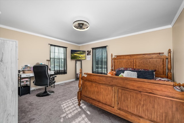 bedroom featuring carpet, crown molding, and baseboards