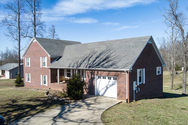 view of front of home with driveway, a shingled roof, an attached garage, a front lawn, and brick siding