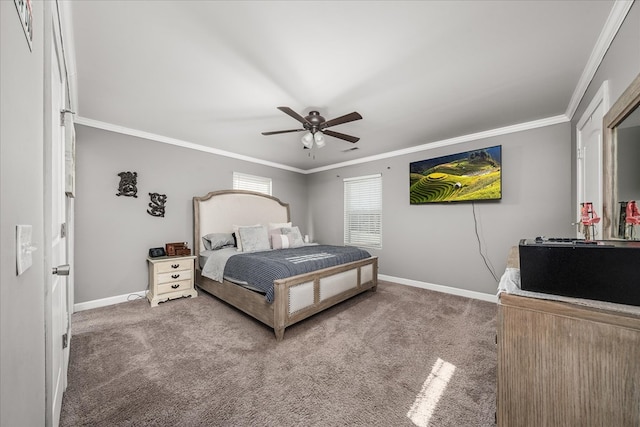 bedroom with ornamental molding, carpet, and baseboards