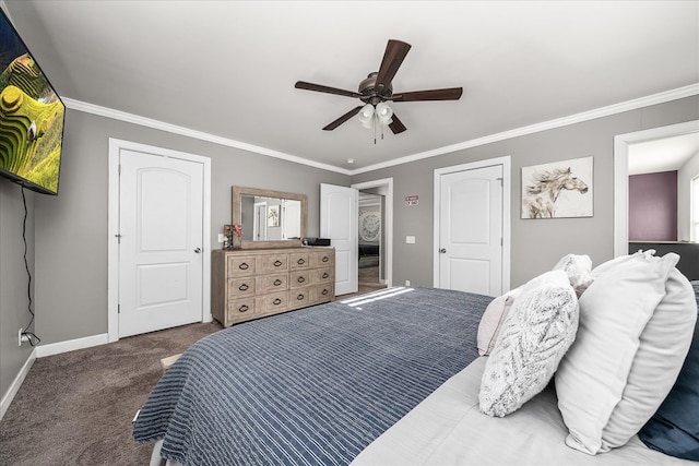 bedroom with baseboards, carpet flooring, a ceiling fan, and crown molding