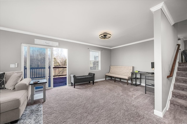 living area with stairs, ornamental molding, carpet flooring, and baseboards