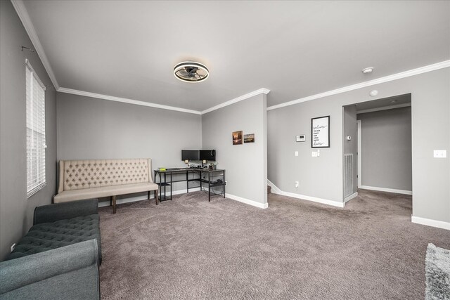 office with crown molding, carpet, and baseboards