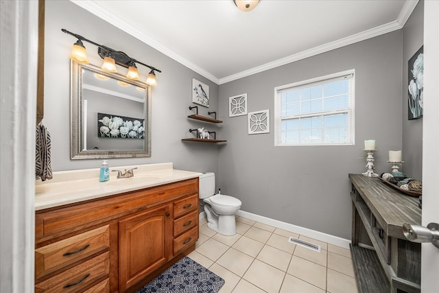 bathroom with visible vents, baseboards, toilet, ornamental molding, and tile patterned flooring