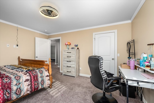 bedroom with baseboards, carpet floors, and crown molding